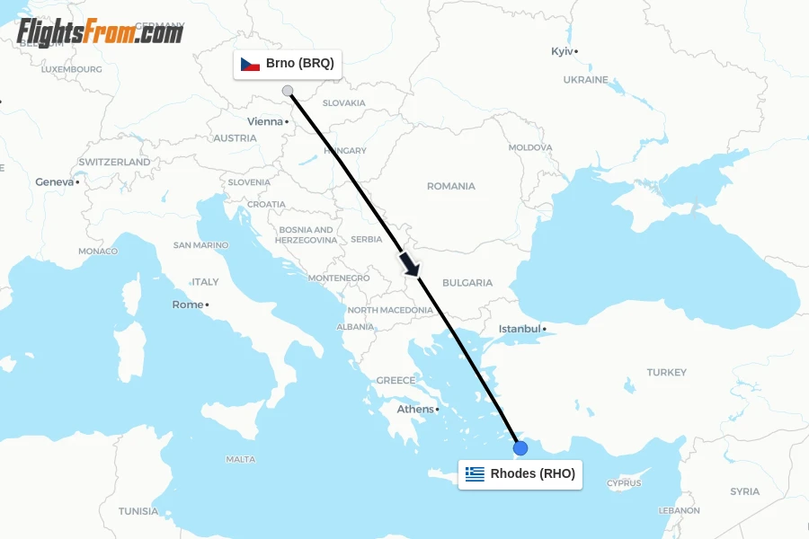 Flights from Brno to Rhodes route map