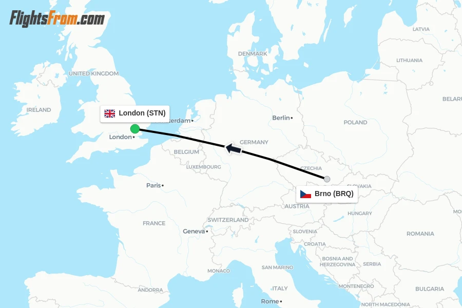 Flights from Brno to London route map