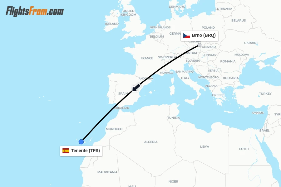 Flights from Brno to Tenerife route map