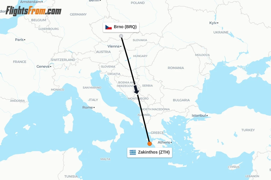 Flights from Brno to Zakinthos route map