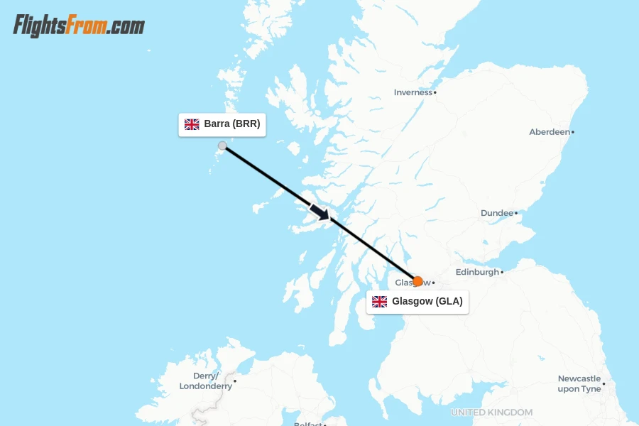 Flights from Barra to Glasgow route map
