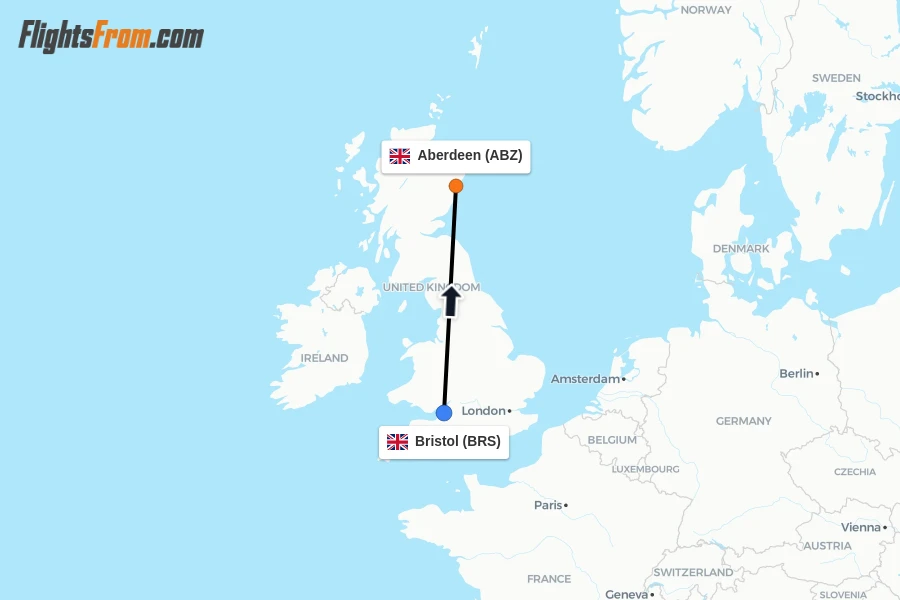 Flights from Bristol to Aberdeen route map