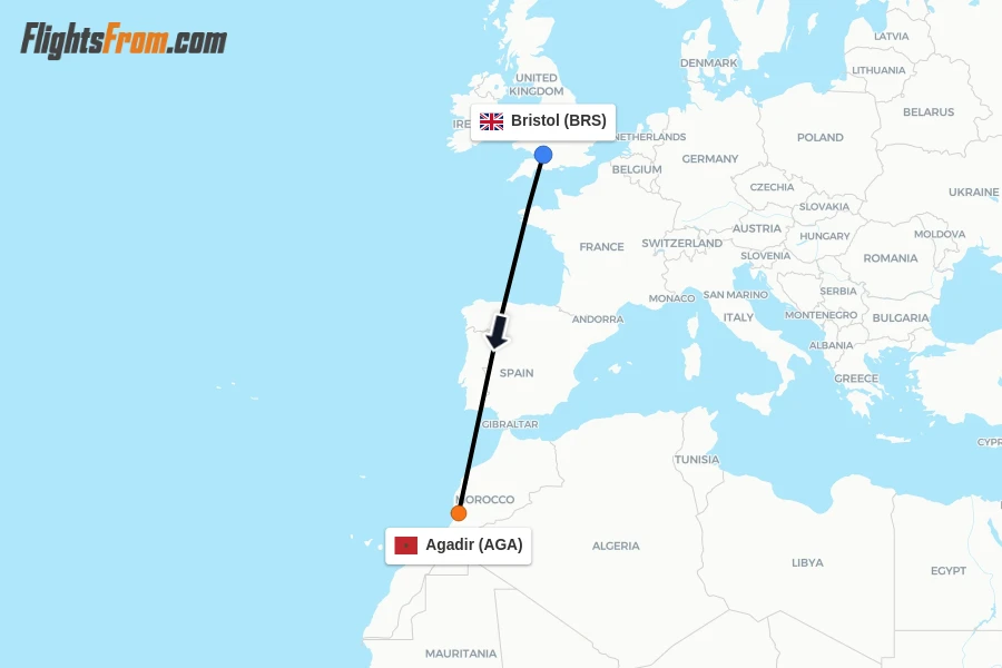 Flights from Bristol to Agadir route map