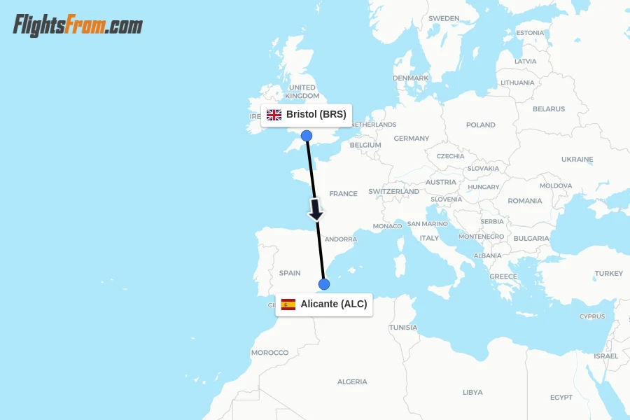 Flights from Bristol to Alicante route map