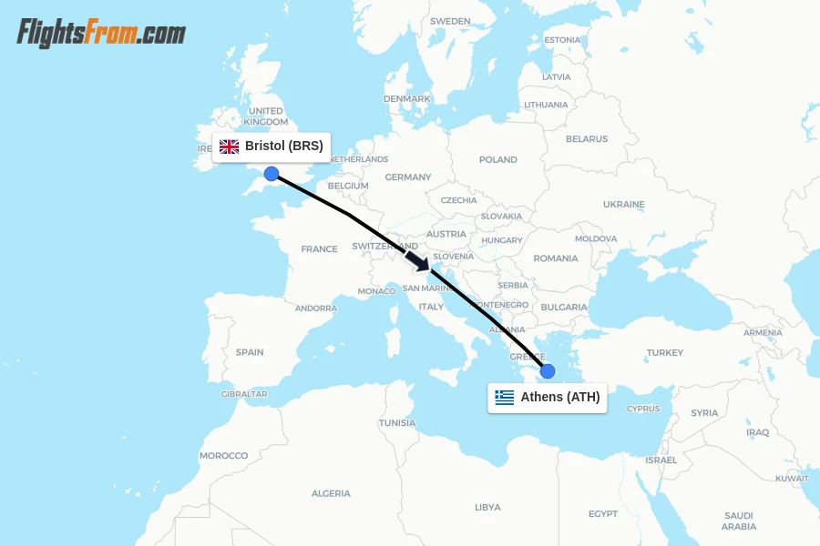 Flights from Bristol to Athens route map
