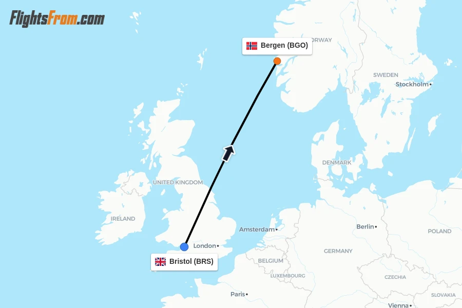 Flights from Bristol to Bergen route map
