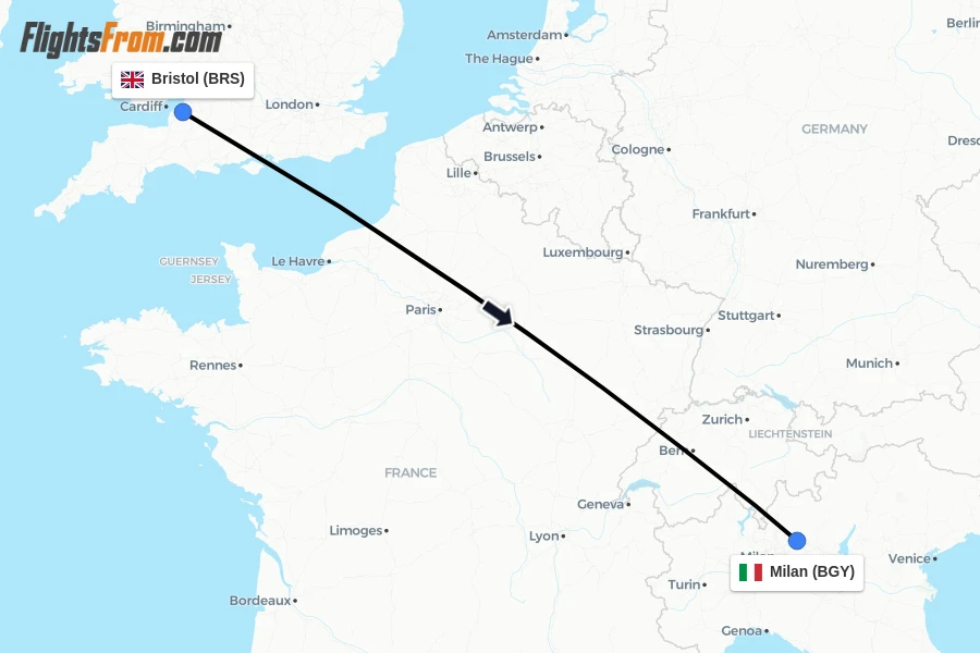 Flights from Bristol to Milan route map