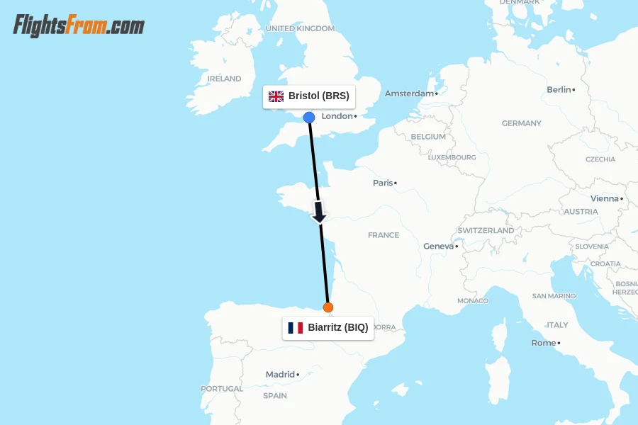 Flights from Bristol to Biarritz route map