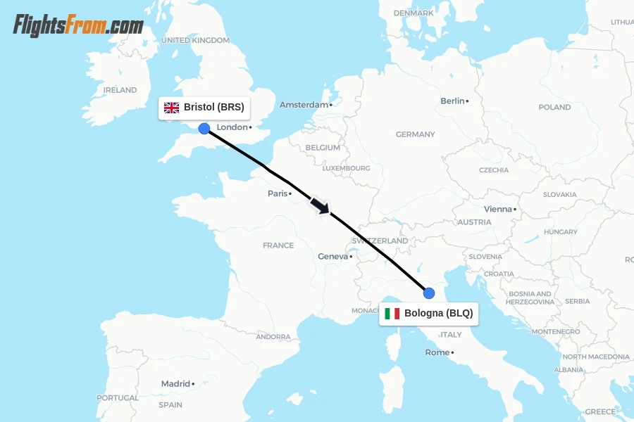 Flights from Bristol to Bologna route map