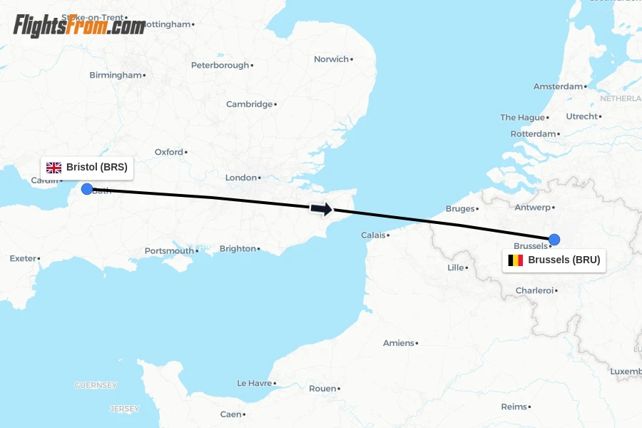 Flights from Bristol to Brussels route map