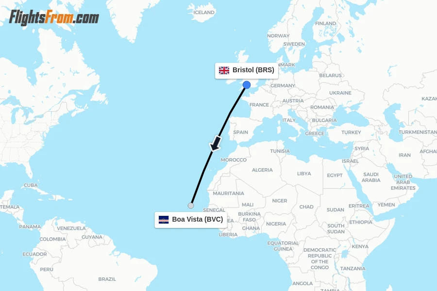 Flights from Bristol to Boa Vista route map