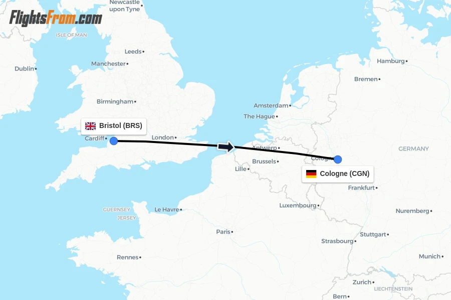 Flights from Bristol to Cologne route map
