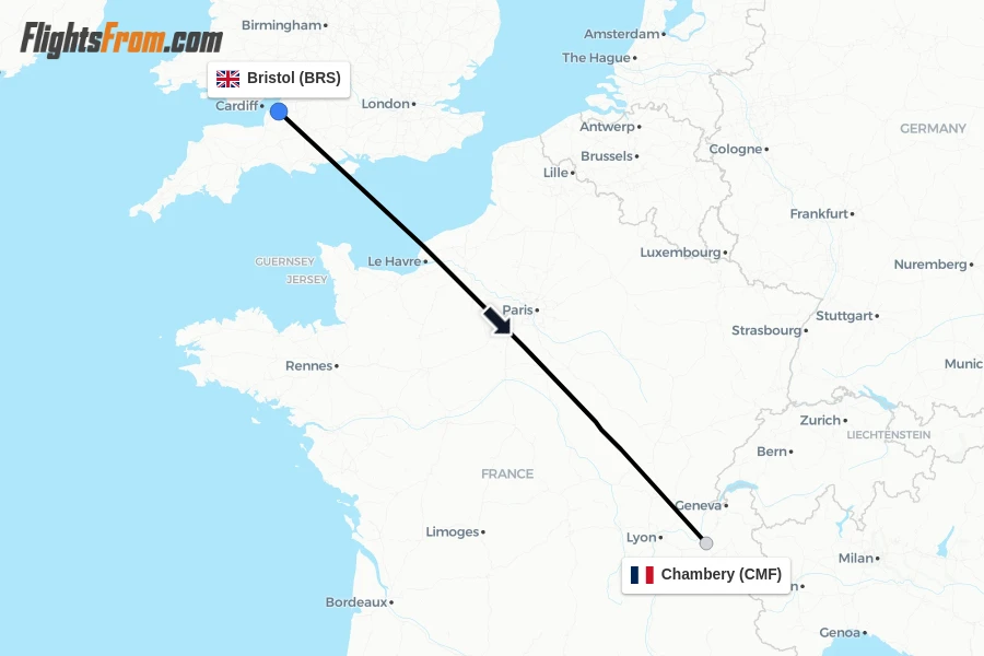 Flights from Bristol to Chambery route map