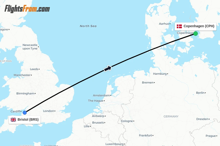 Flights from Bristol to Copenhagen route map