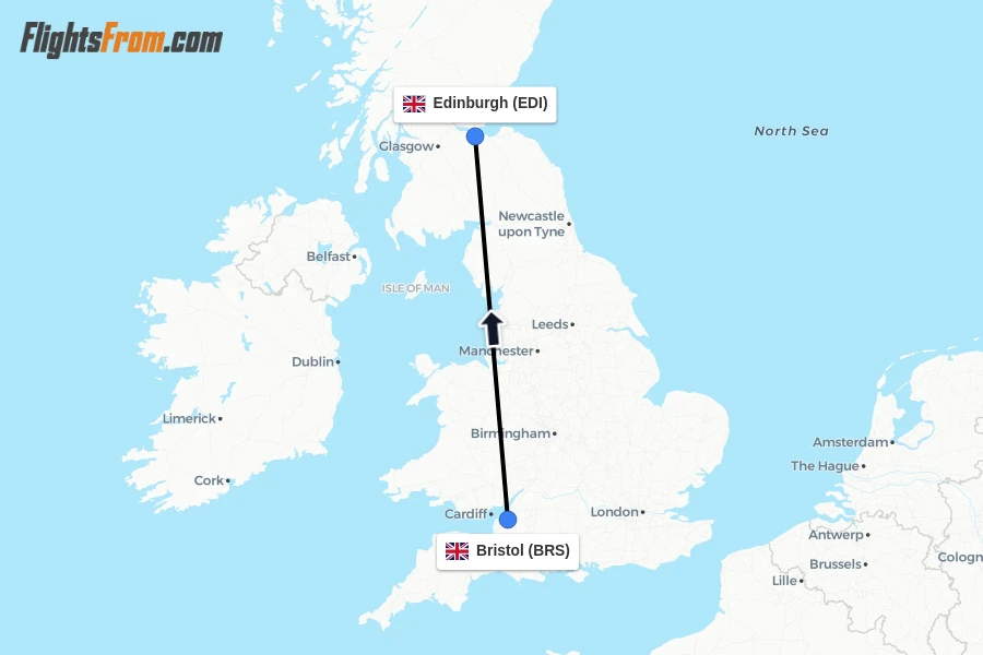 Flights from Bristol to Edinburgh route map