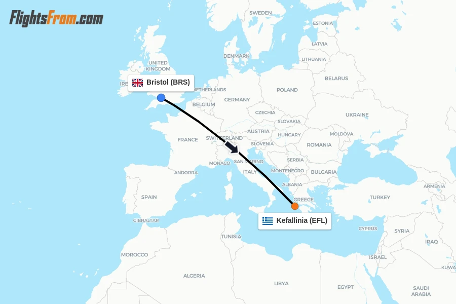 Flights from Bristol to Kefallinia route map