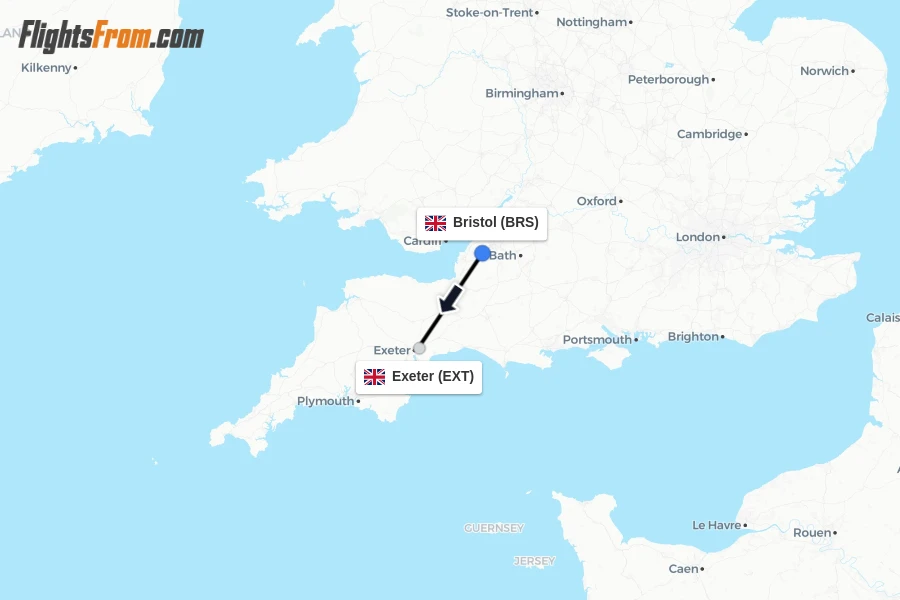 Flights from Bristol to Exeter route map