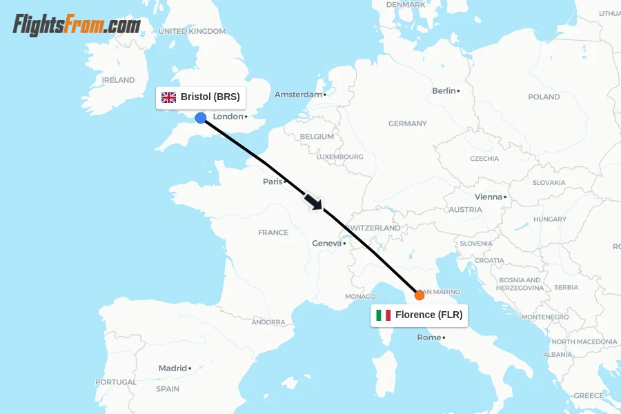 Flights from Bristol to Florence route map