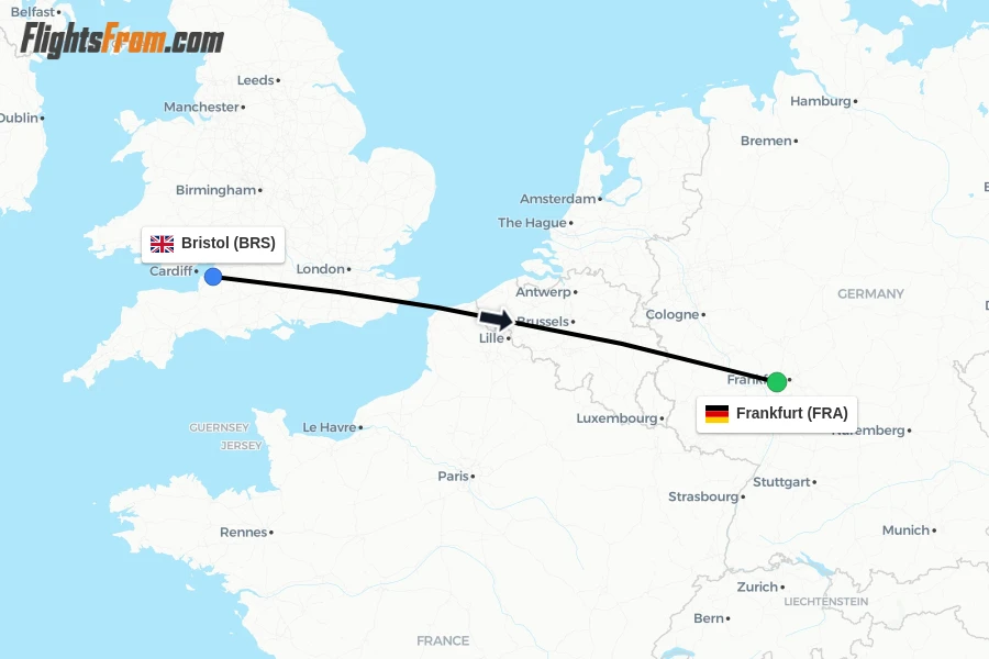 Flights from Bristol to Frankfurt route map