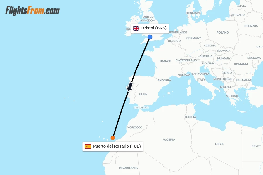 Flights from Bristol to Puerto del Rosario route map