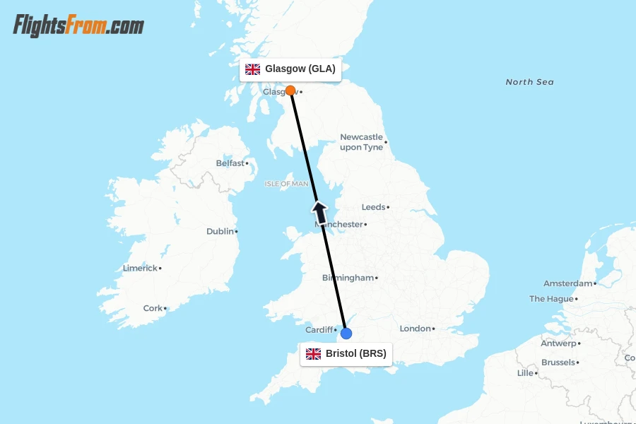 Flights from Bristol to Glasgow route map