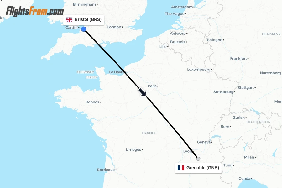 Flights from Bristol to Grenoble route map