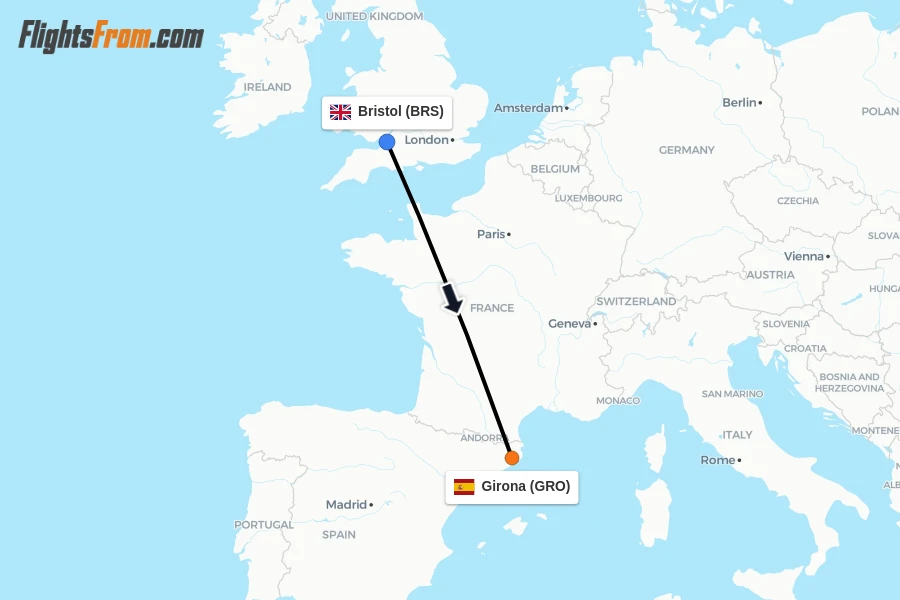 Flights from Bristol to Girona route map