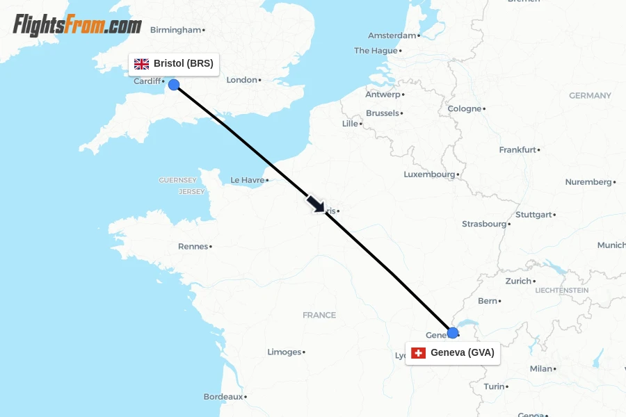 Flights from Bristol to Geneva route map