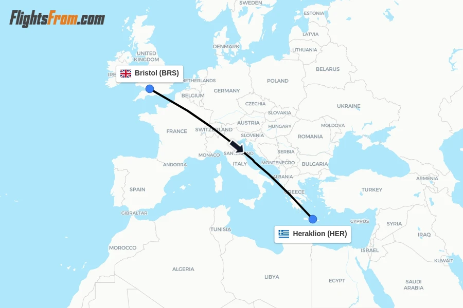 Flights from Bristol to Heraklion route map