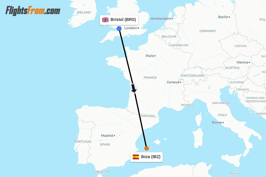 Flights from Bristol to Ibiza route map