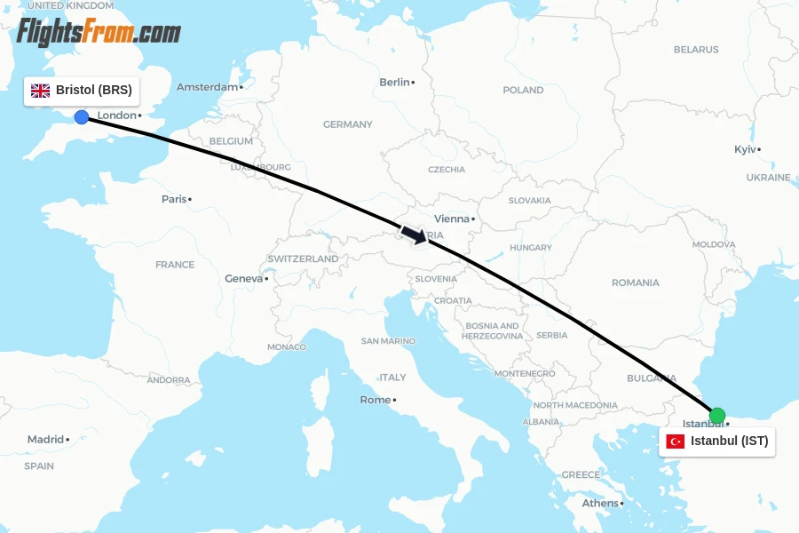 Flights from Bristol to Istanbul route map