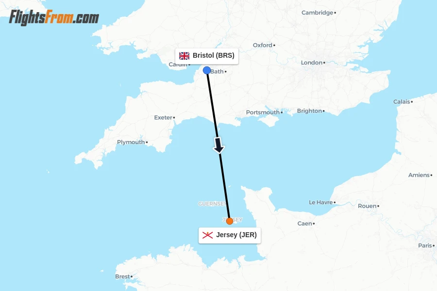 Flights from Bristol to Jersey route map