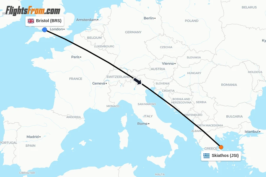 Flights from Bristol to Skiathos route map
