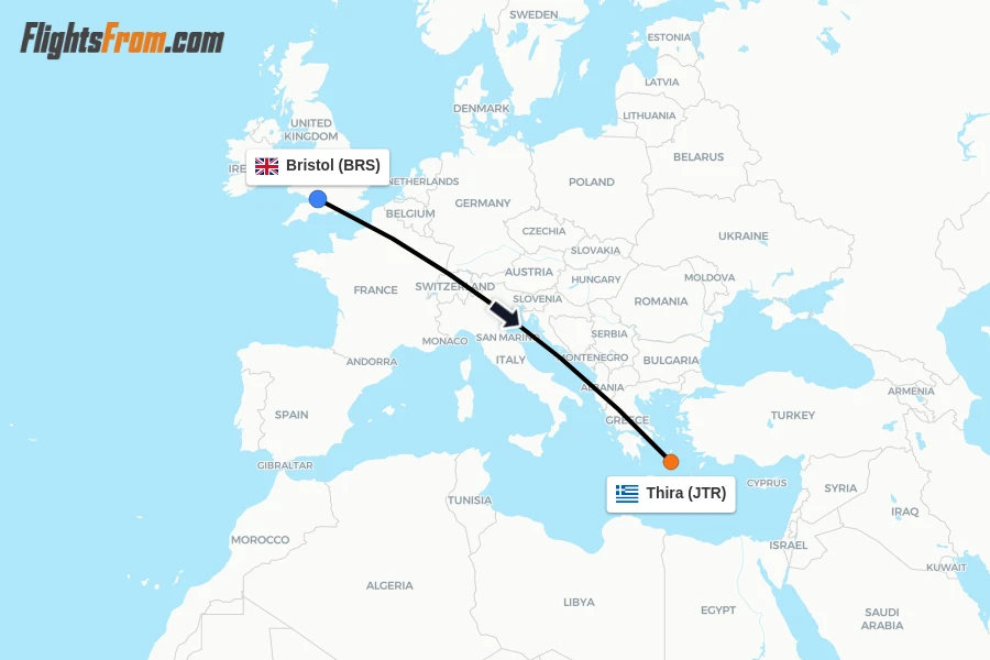 Flights from Bristol to Thira route map