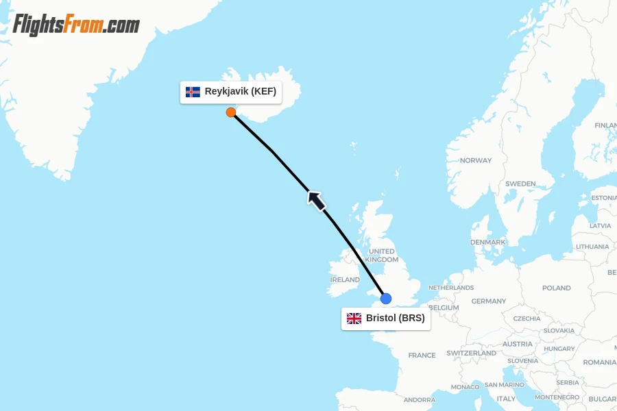 Flights from Bristol to Reykjavik route map