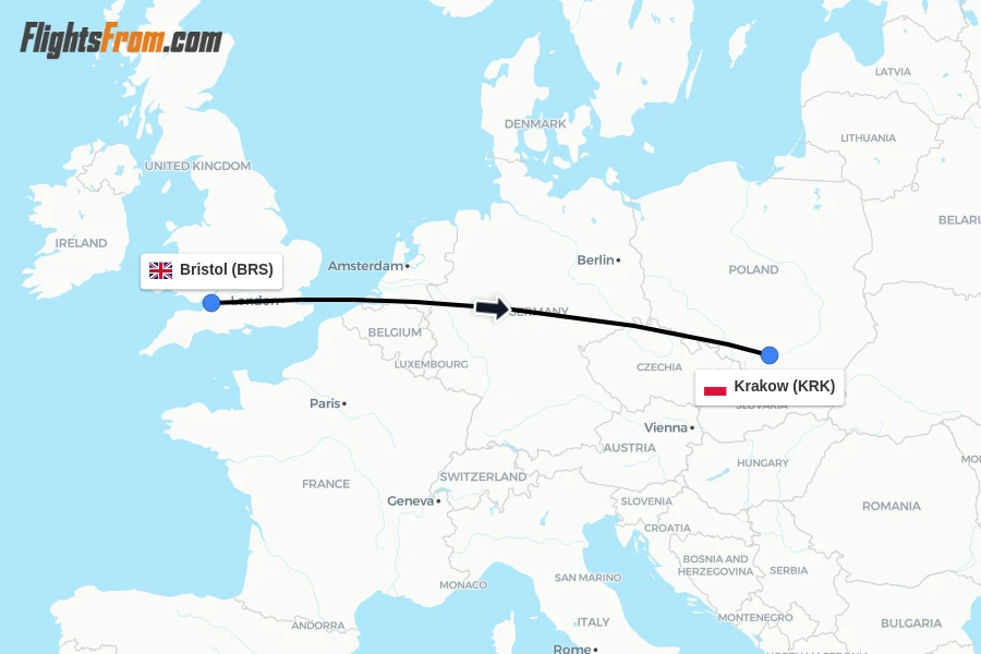 Flights from Bristol to Krakow route map