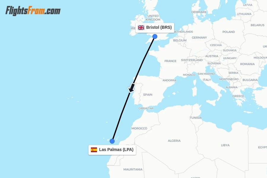 Flights from Bristol to Las Palmas route map