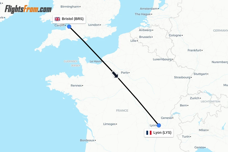 Flights from Bristol to Lyon route map