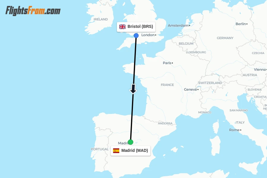 Flights from Bristol to Madrid route map