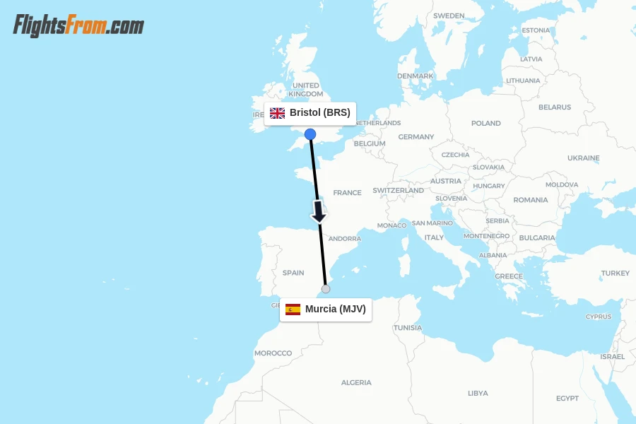 Flights from Bristol to Murcia route map