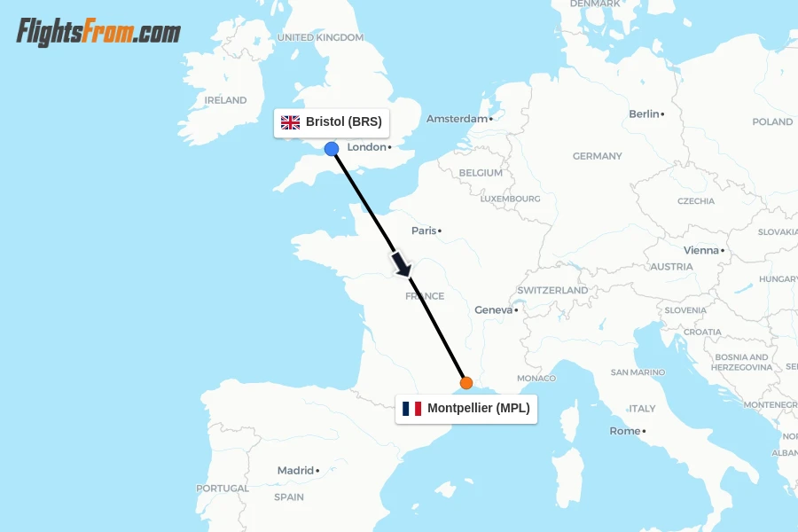 Flights from Bristol to Montpellier route map