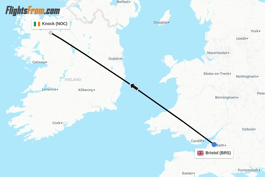 Flights from Bristol to Knock route map
