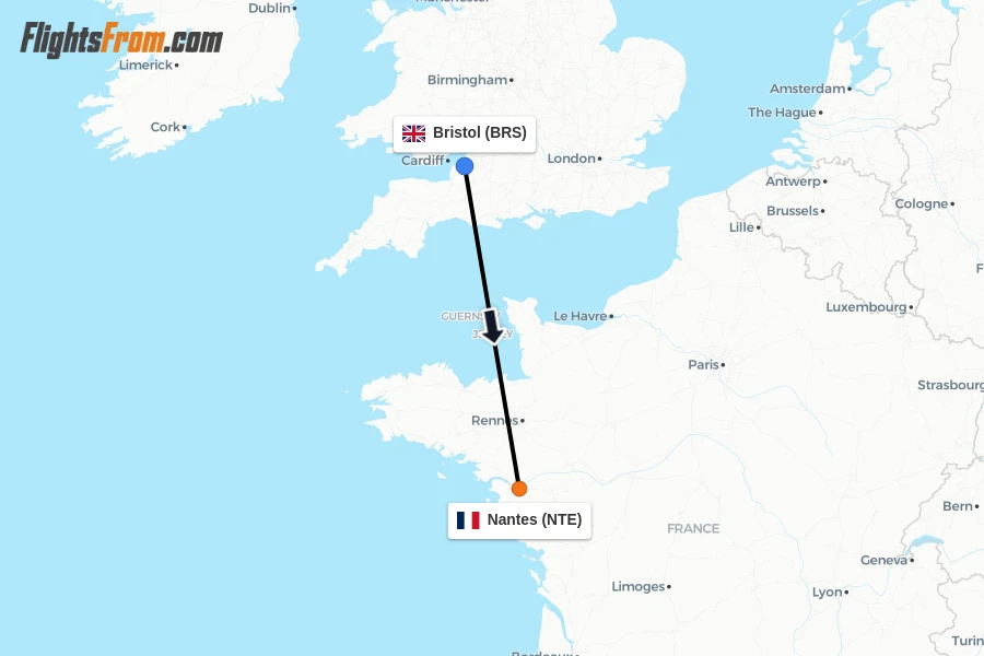 Flights from Bristol to Nantes route map