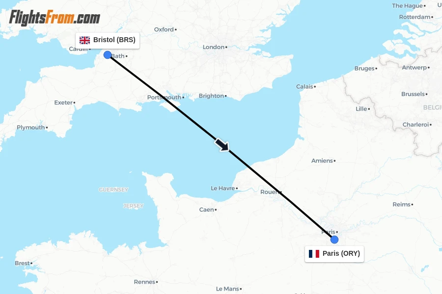 Flights from Bristol to Paris route map