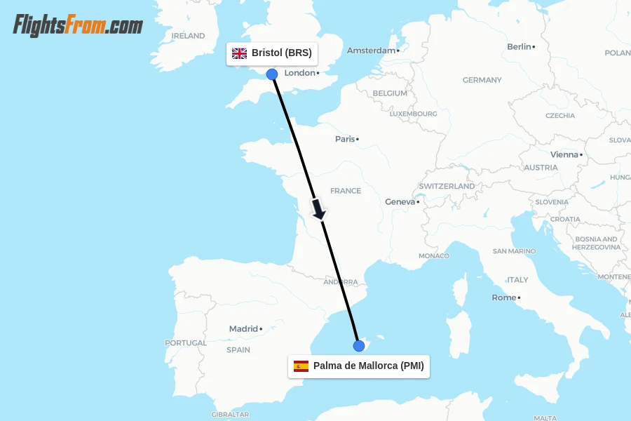 Flights from Bristol to Palma de Mallorca route map