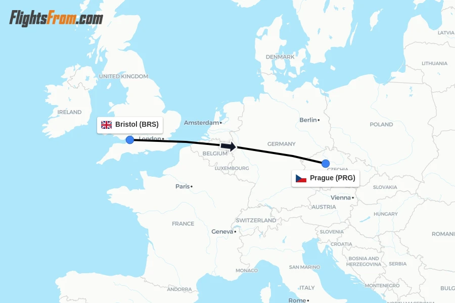 Flights from Bristol to Prague route map