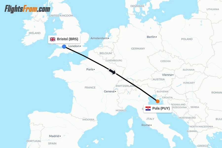Flights from Bristol to Pula route map