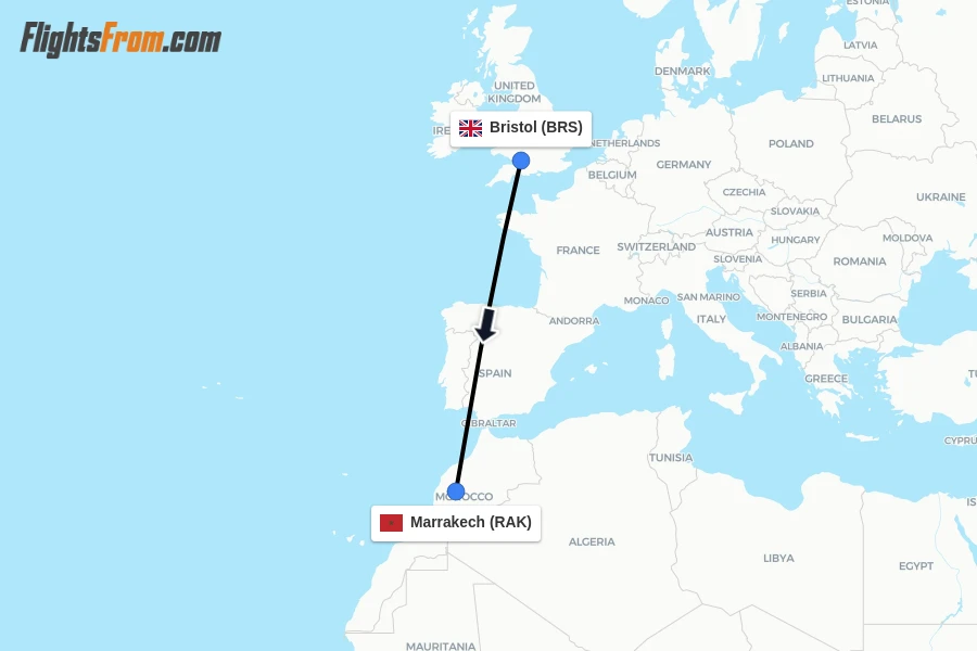 Flights from Bristol to Marrakech route map