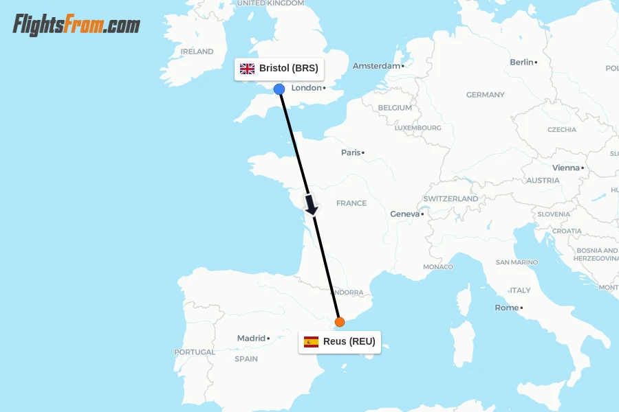 Flights from Bristol to Reus route map