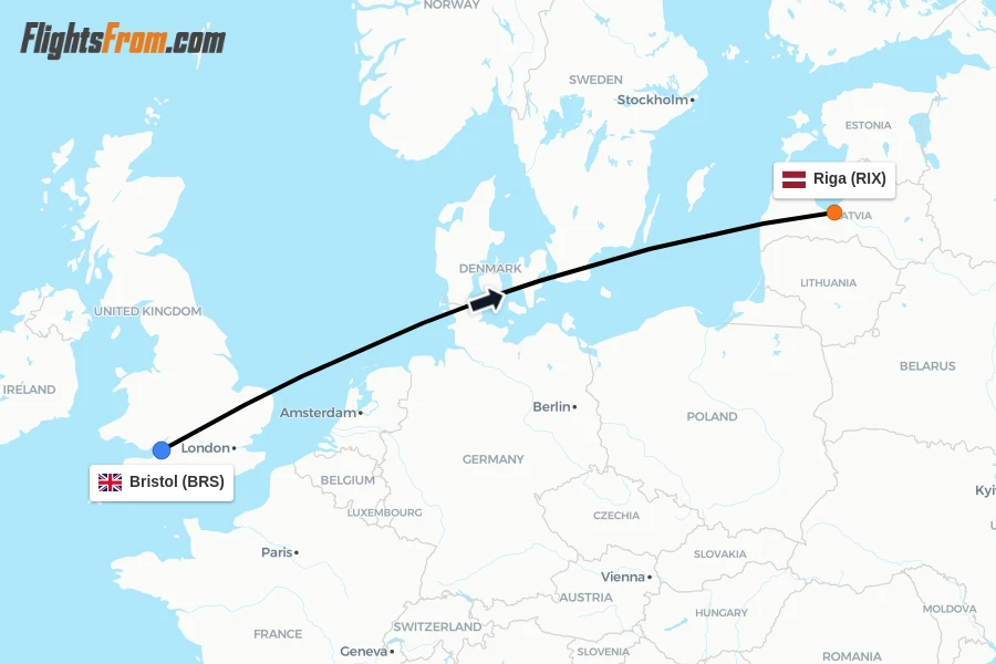 Flights from Bristol to Riga route map